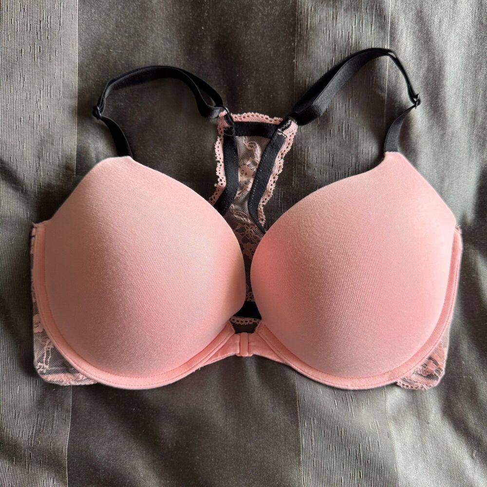 VICTORIA'S SECRET Pink Black Lace Racerback Front Close Push Up Bra Size 36DD